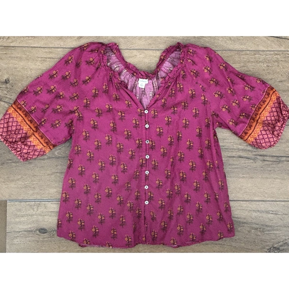 Sundance Floral Button Front Peasant Blouse Size Small Pink Boho Cotton